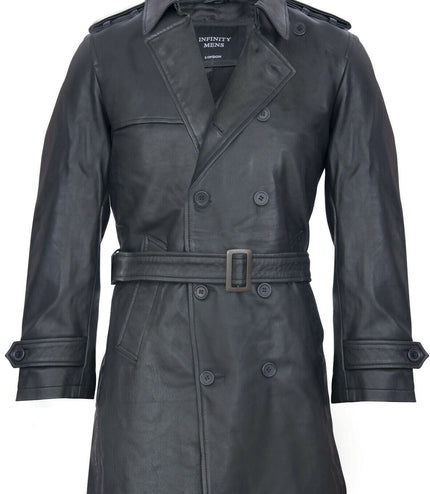 Mens Black Leather Trench Coat-Memphis