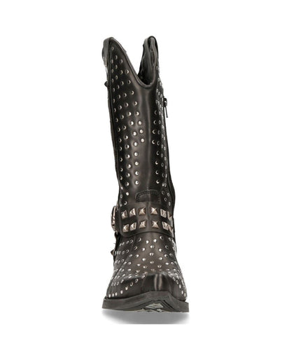 New Rock Black Leather Studded Cowboy Boots- M-7928-S1