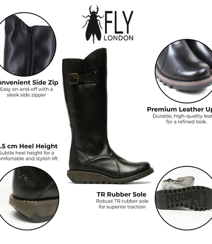 Fly London Womens Black Mol 2 Leather Wedge Heel Knee High Zip Up Boots