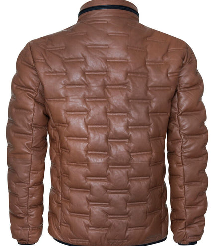 Men's Puffer Quilted Bomber Leather Jacket - Recife - Tan
