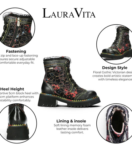 Laura Vita Women's Gothic Floral Black Leather Combat Boots - Oyao-11