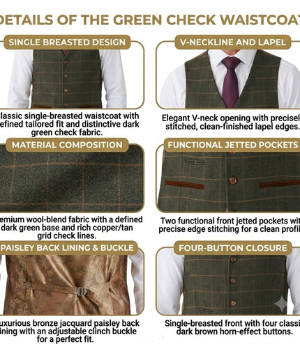 Men's Green Tweed Herringbone Check Waistcoat - Harris