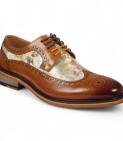 Justin Reess Men's Brown Leather Iconic Print Brogue Dress Shoes - Scott
