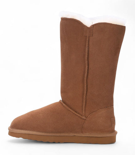 Women's Sheepskin Suede Tan Button Warm Winter Calf Boots - Willow
