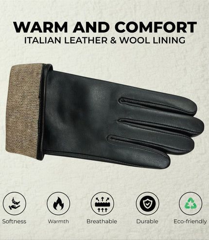 Womens Black Italian Leather Winter Bow Design Soft Wool Lining Gloves - L-GLV-401