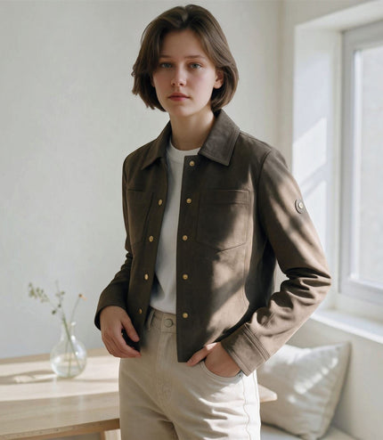 Womens Taupe Brown Leather Shacket Collar Jacket - Lofar