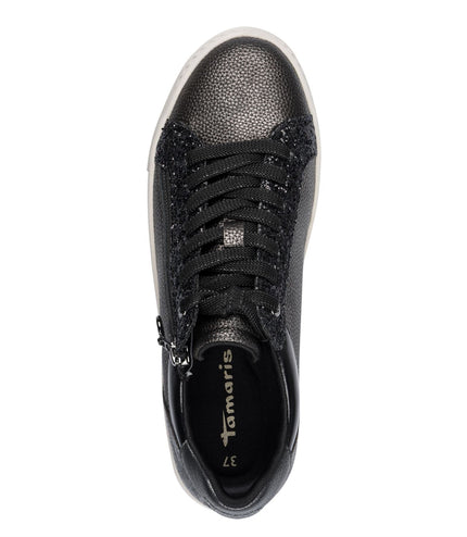 Tamaris Womens Petwer Silver Faux Leather Fashion Lace Up Sneakers