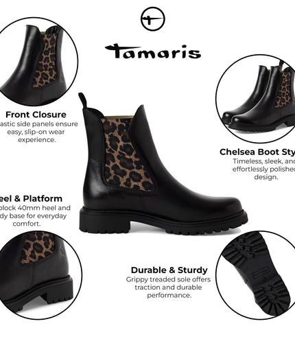 Tamaris Womens Black Leopard Leather Classic High Chelsea Ankle Boots
