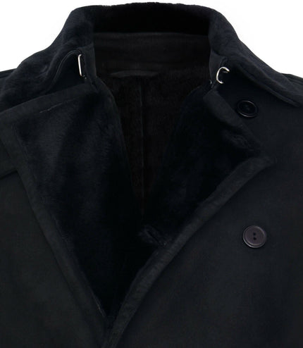 Mens Shearling Sheepskin Suede Pea Coat-Cali - Black