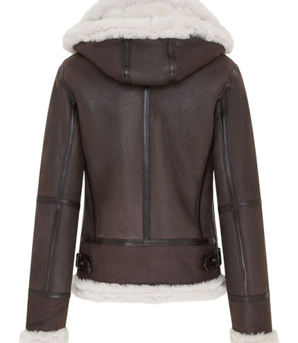 Womens Creck Brown Hooded Sheepskin Flying Leather Jacket-Palermo