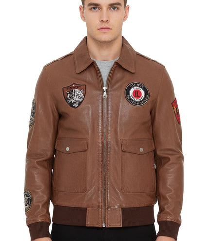 Men's Tan Brown Leather Bomber G-1 Aviator Collar Jacket  - Maverick