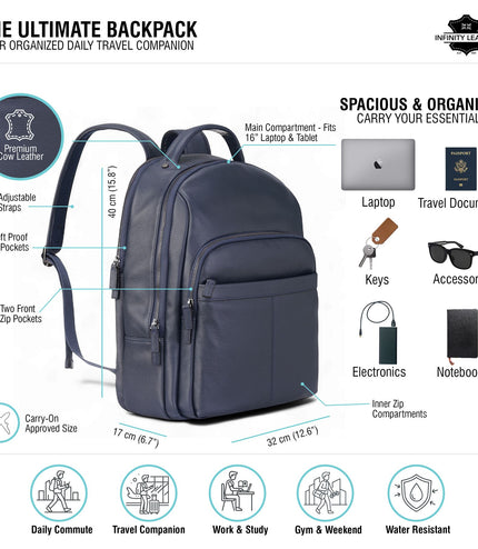 Genuine Leather Navy Blue Vintage Rucksack Laptop Bag Travel Backpack - Capri