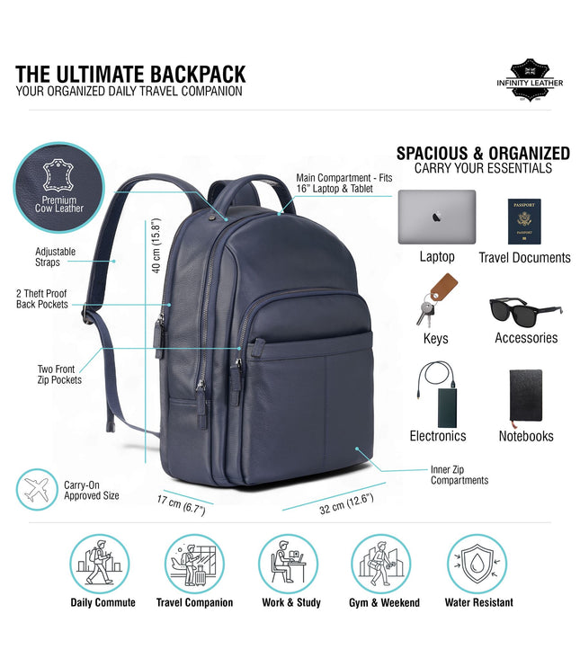 Genuine Leather Navy Blue Vintage Rucksack Laptop Bag Travel Backpack - Capri