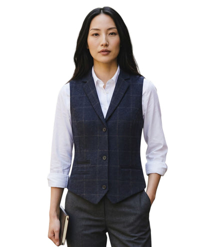 Women's Navy 2 Piece Check Formal Tweed Blazer & Waistcoat Set - TPSTZ-7