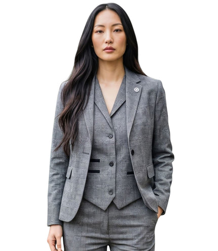 Women's Grey Three Piece Check Tailored Suit - TPW-51