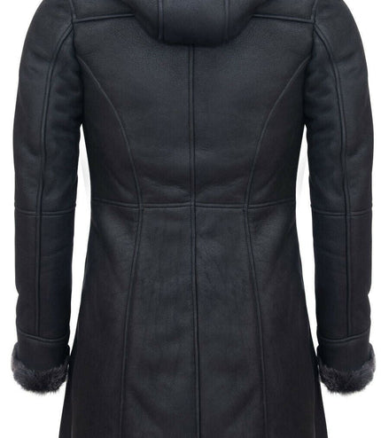 Womens Black Sheepskin Hooded Duffle Coat-Ottawa
