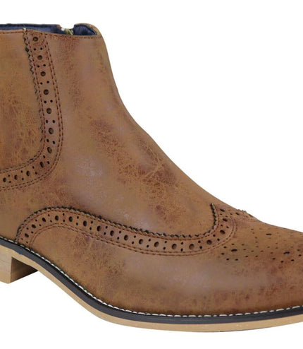Mens Tan Leather Brogue Zip Up Chelsea Boots