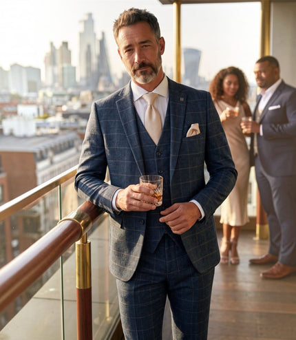 Men's Navy 3 Piece Wool Blend Tweed Suit - Harris