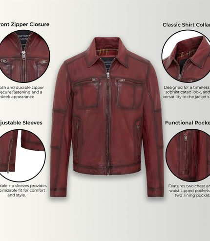 Men's Vintage Classic Short Soft Leather Biker Jacket - Ox Red