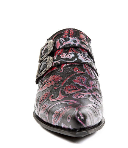 New Rock Vintage Red Floral Leather Buckle Shoes - 7960-S6