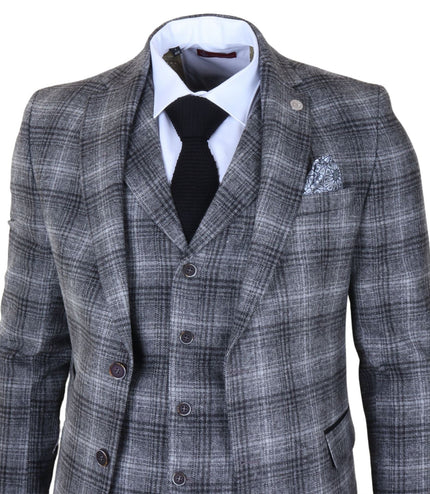 Men's Formal Grey Tweed  3 Piece Check Vintage Gatsby Style Suit
