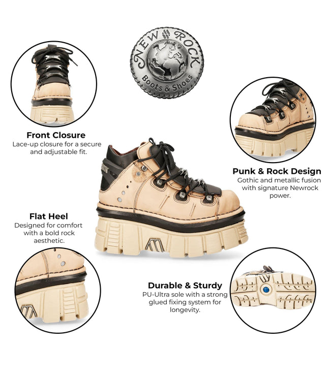 New Rock M-106-S40 Beige Leather Gothic Ankle Platform Boots
