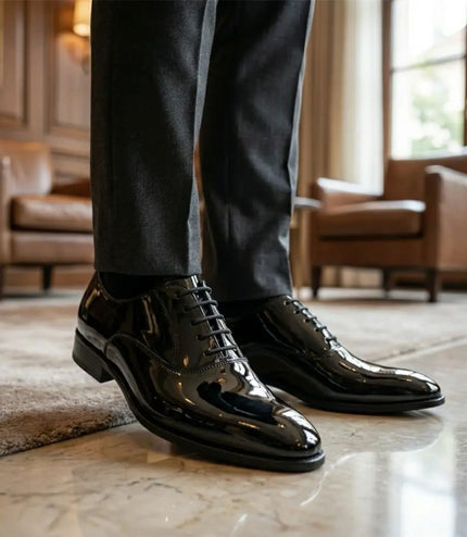 Men's Formal Black Patent PU Leather Oxford Dress Brogue Shoes