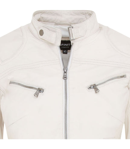 Womens Slim-Fit Leather Biker Jacket-Maldon - White