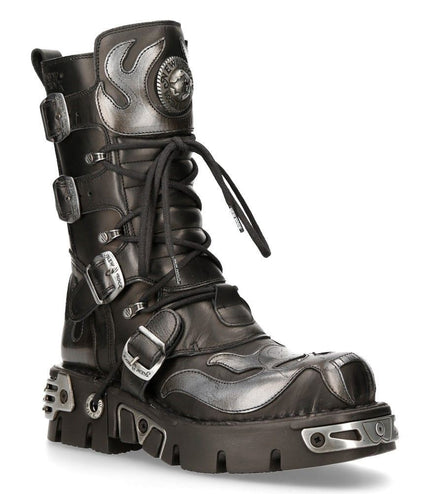 New Rock Flame Accented Black/Silver Leather Biker Boots - 107-S2
