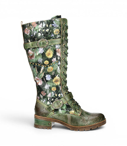 Laura Vita Women's Victorian Floral Green Leather High Lace-Up Long Boots - Cocrailo-82