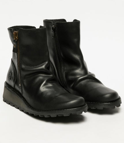 Fly London Womens Black MON944 Leather Wedge Heel Ankle Zip Up Chelsea Boots