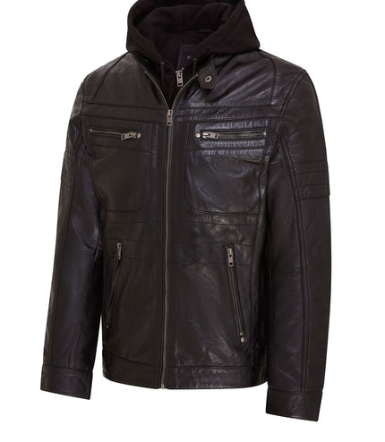 Mens Air Force Hooded Bomber Aviator Real Leather Flight Bomber Jacket - Black