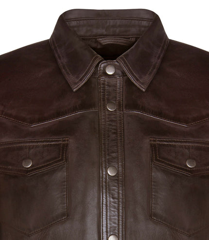 Mens Retro Leather Shirt Jeans Jacket-Beijing - Brown