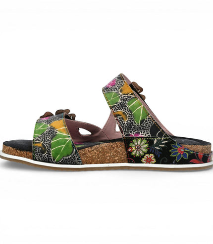Laura Vita Women's Brcyano 32 Black Floral Leather Strappy Slipper Sandals