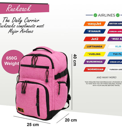 Backpack Rucksack 40x20 x25 cm Underseat Travel Cabin Bag for Ryanair, Easy Jet Pink