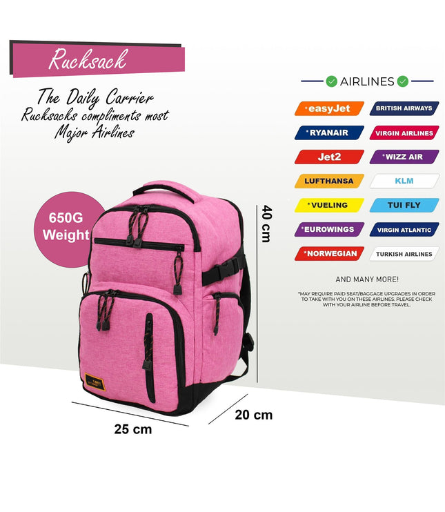 Backpack Rucksack 40x20 x25 cm Underseat Travel Cabin Bag for Ryanair, Easy Jet Pink