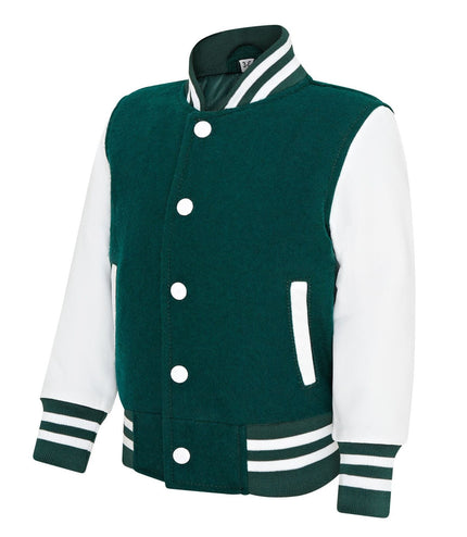Kids Green Wool Varsity Bomber Jacket with Real Leather Sleeves
