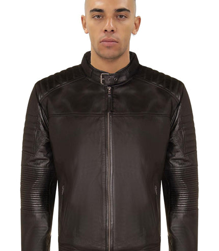 Mens Black Leather Quilted Biker Jacket - Paris