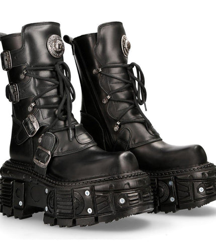 New Rock Unisex Black Leather Combat Platform Boots - TANK373-S1
