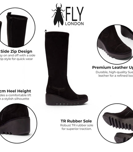 Fly London Womens Black Suede Leather High Wedge Heel Long Boots - BUDI603