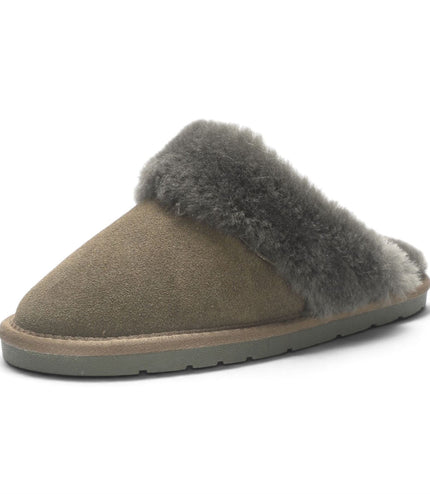 Women's Genuine Sheepskin Olive Green Suede Mule Winter Slippers - Luna