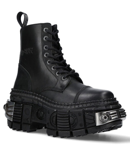 New Rock Metallic Black Leather Boots-WALL083C-S4