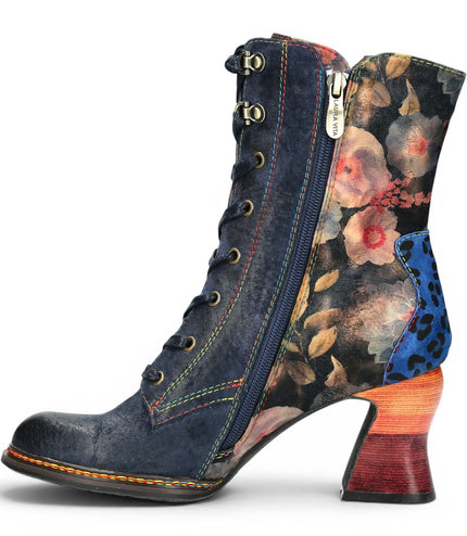 Laura Vita Women's Goth Victorian Floral Blue Leather Lace-Up Heeled Boots - Eleao-42