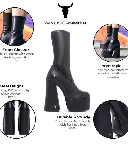 Windsorsmith Womens Black Mid-Calf Sock Platform Goth Heel Boots - Saviour