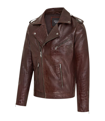 Mens Brown Cow Leather Alligator Print Embossed Biker Jacket - Rot