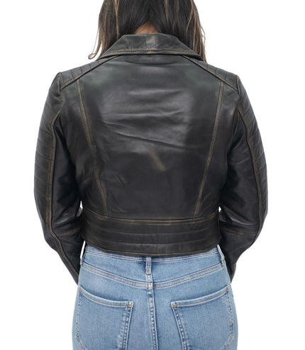 Womens Cropped Brando Leather Biker Jacket-Damascus - Silver