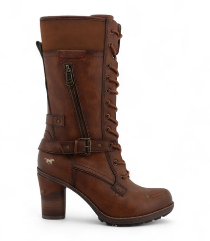 Mustang Women's Brown Mid-Calf Lace Up Heeled Combat Boots