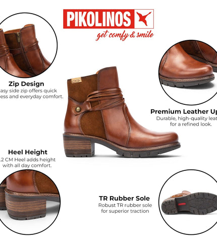Pikolinos Women’s Brown Leather Zipped Heel Ankle Boots - San Sebastia