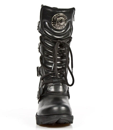 Front view of New Rock Tr003-S1 ladies boots showing lacing and metal logo tongue