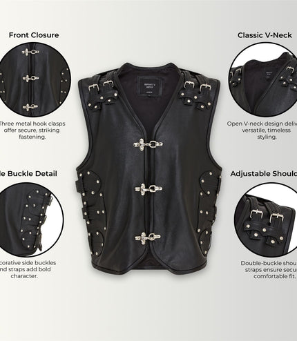 Men's Black Biker Leather Waistcoat Metal Buckles Vest - Coolgardie
